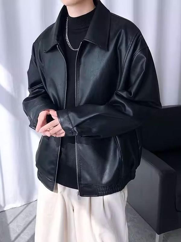Men's Trendy PU Leather Motorcycle Jacket - Autumn/Winter Casual Korean Style with Lapel and Long Sleeves
