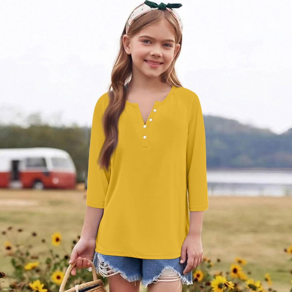 Print Tops For Youth Girls Round Neck 3/4 Sleeves T-Shirts Trendy Tops Outfit Tees