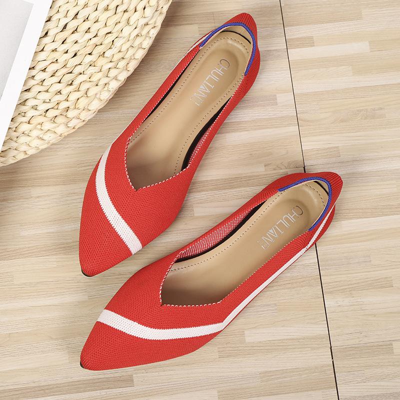 Shoes Pointed Fly-woven Shoes Flat-bottomed Breathable Woven Boat Shoes Leopard Print Light Mouth Stripe Color Single Shoes Women