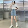 Women Knee Length Jeans Straight High Waist Zipper Button Closure Retro Pockets Solid Color Loose Lady Denim Shorts Casual Short Pants