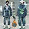 Boys' Autumn and Winter Clothes Plus Velvet Jacket, Cool and Handsome, Big Children's Winter Thick Denim Clothes, Western Style