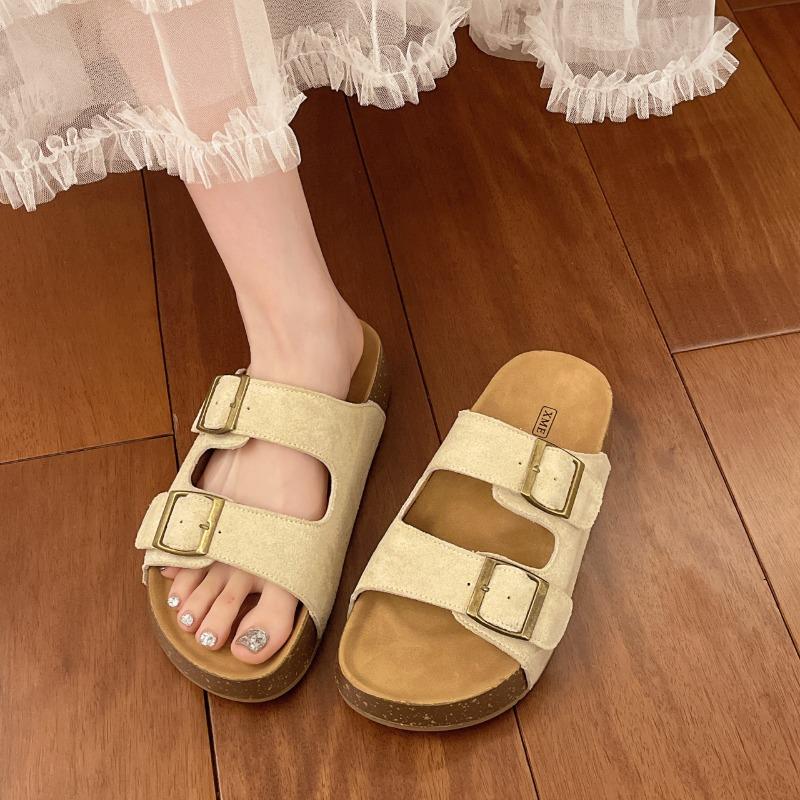 British retro buckle slippers women s summer wear new one-word flat shoes beach shoes sandals women 35