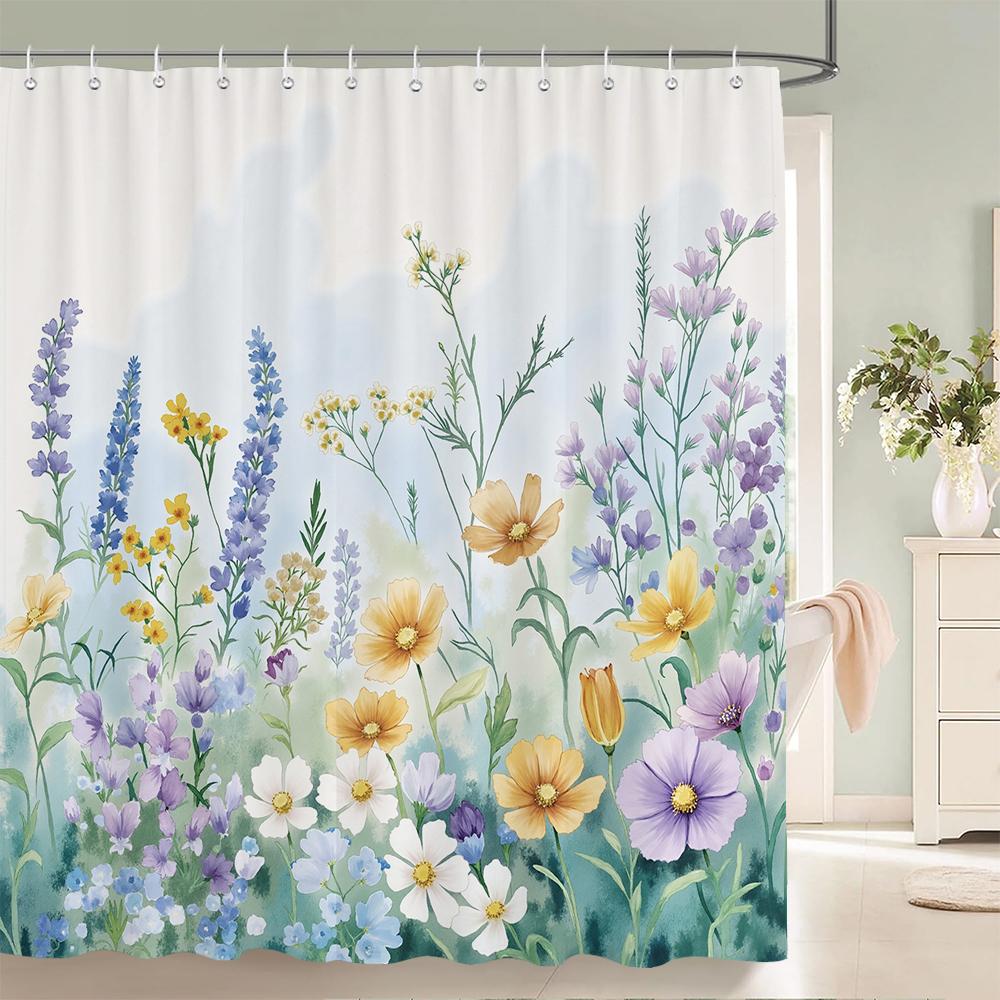 1Pcs elegant rose flower printed fabric waterproof shower curtain, romantic and fashionable rose bathroom decoration, with hooks