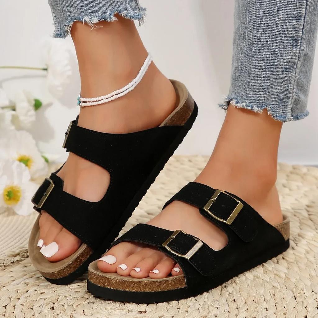 Hausschuhe mit Schnalle, offene Zehenpartie, ausgehöhlte Hausschuhe, luxuriöse Unterseite, rutschfeste Kork-Hausschuhe, Damen-Flip-Flops für den Strand, Outdoor, Zuhause