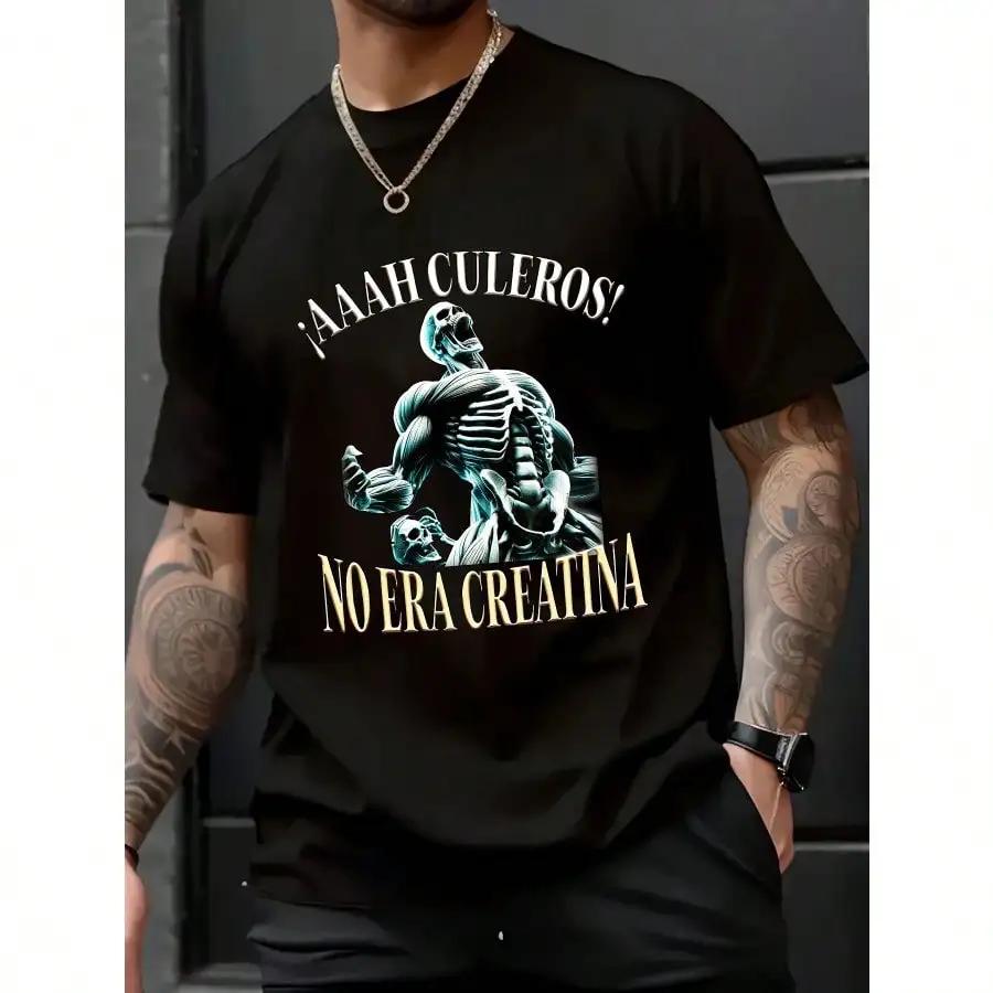 Mens Graphic Print Casual TShirt  Skeleton Lifting Weights Design with Bold Spanish Fitness Slogan Black Sporty Summer Tee