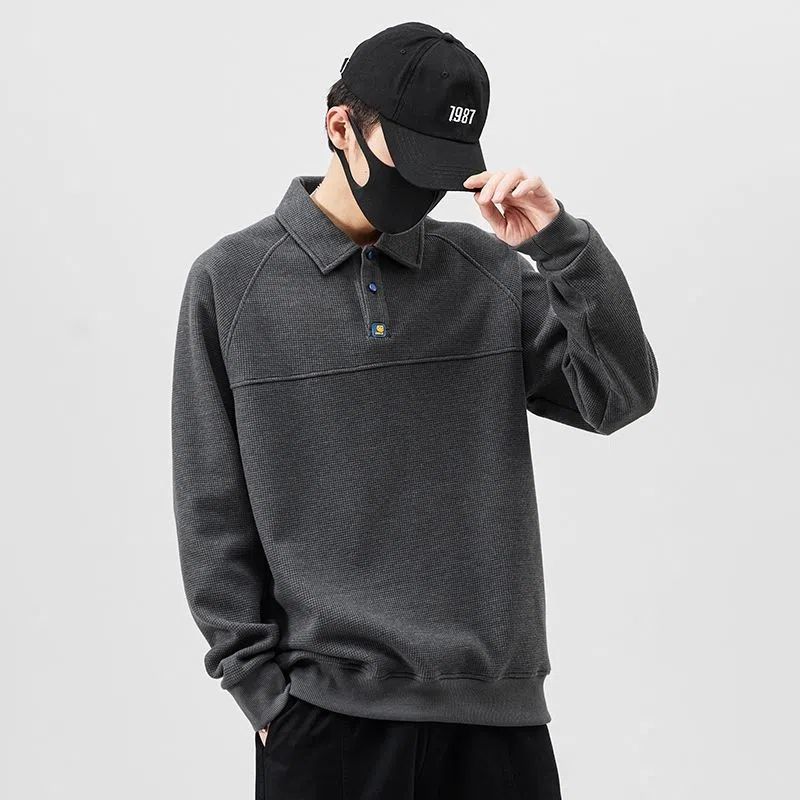 Men's Sweater Pullover Spring and Autumn Lapel Korean Fashion Polo Shirt Loose Long Sleeve Coat Men