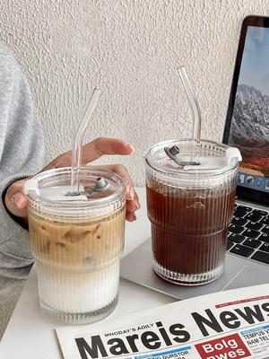 450ML Skleněný hrnek na kávu s pruhy s víčkem a brčkem Průhledné sklenice na pití na džus, mléko, čajové šálky, hrnky na ledovou kávu, nápojové sklo