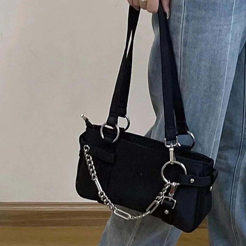 Fashi Design Gothic Chain Ladies Underarm Bag Sweet Cool Y2k Women Square Shoulder Bags Black Pop Female Tote Handbag Purse