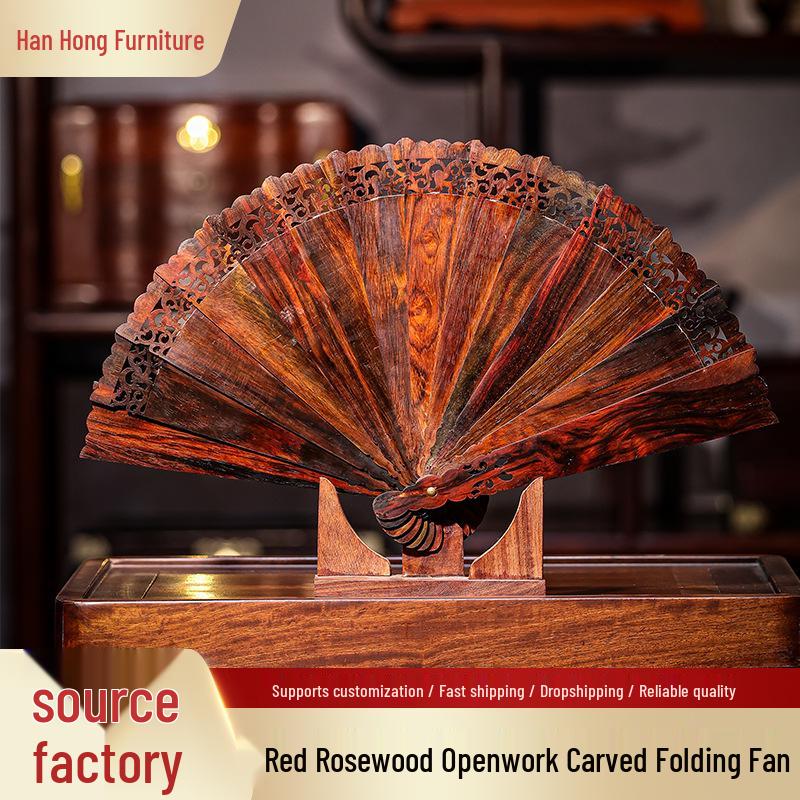 Large Hand-Carved Red Sandalwood Fan: High-End Rosewood Decorative Living Room & Study Furniture. 38.5 x 22 x 2.8 cm красный
