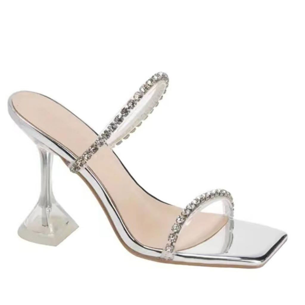 New Silver Transparent High-heeled Shoes for Women Wearing Rhinestones with Fashion Wine Glasses and Fairy Style Stiletto Sandals for Women
