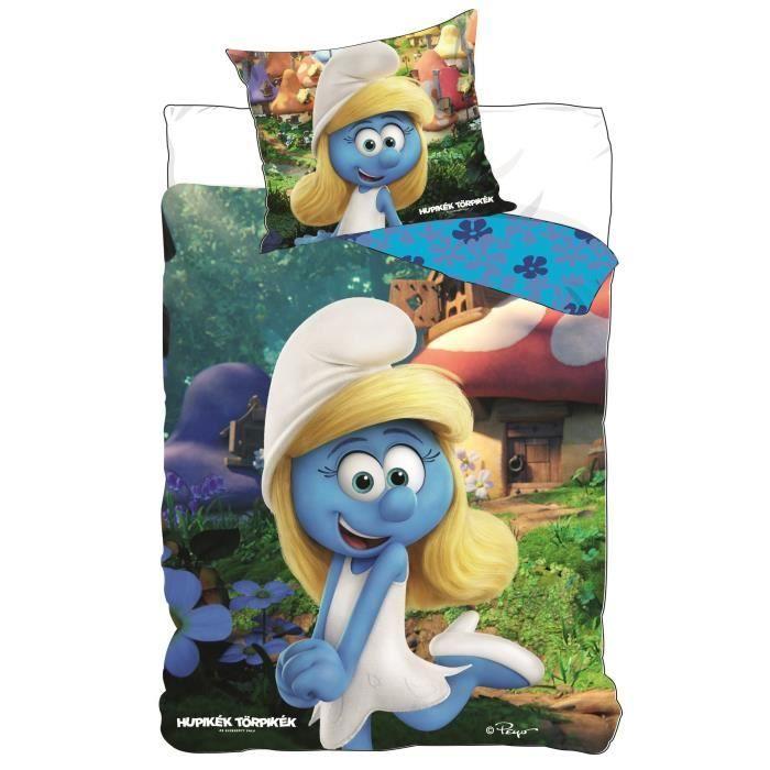 Parure de couette microfibre smurfette 140x200 cm + taie d'oreiller 63x63 cm
