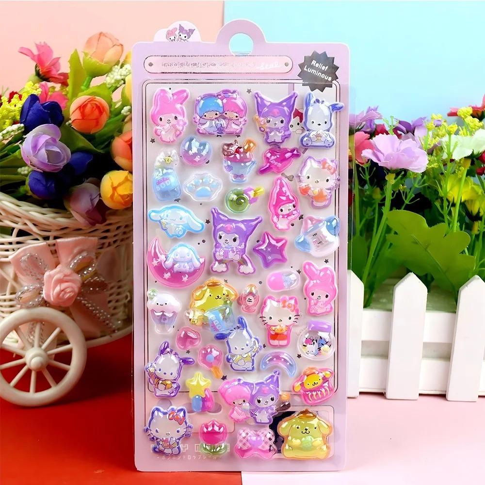 Leuchtende Niedliche Sanrio 3D Relief Aufkleber Kawaii Mädchen Kuromi Cinnamoroll My Melody Kristall Aufkleber Kinder Dekorations Aufkleber Packungen