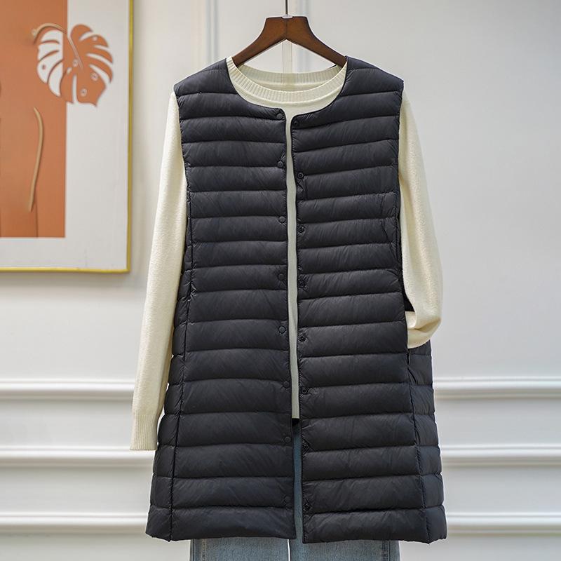 Autumn and Winter New Round Neck V-Neck Women's Mid-length Down Vest All-match Fashion Slim-fit Mother's Mid-length Ware