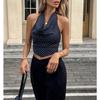 Damen Sommer Halter Neck Schalkragen Streifen Ärmellos Schlank Geschnitten Cropped Lässiges Tanktop