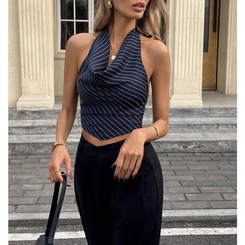 Damen Sommer Halter Neck Schalkragen Streifen Ärmellos Schlank Geschnitten Cropped Lässiges Tanktop
