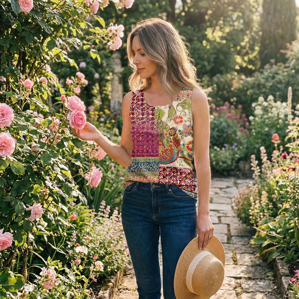 Women Sleeveless Patchwork Floral Print Tank Top U Neck Button Front Casual Summer Blouse Lightweight Breathable Shirt