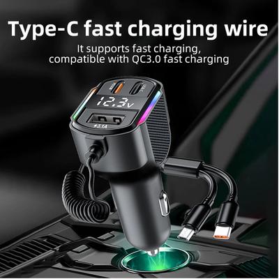 30W Car Fast Charger Quick Charge QC3.0 Type-C Car USB Quick Charge 3in1 Charging Cable Digital Display Car Cigarette For iPhone