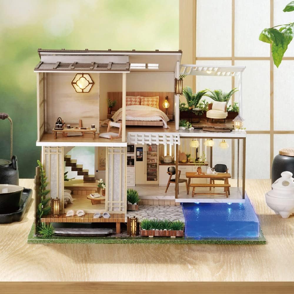 Moin Moin Miniature Dollhouse Kit Two-Story Elegant Modern Design with LED Light Acrylic Case and Music Box