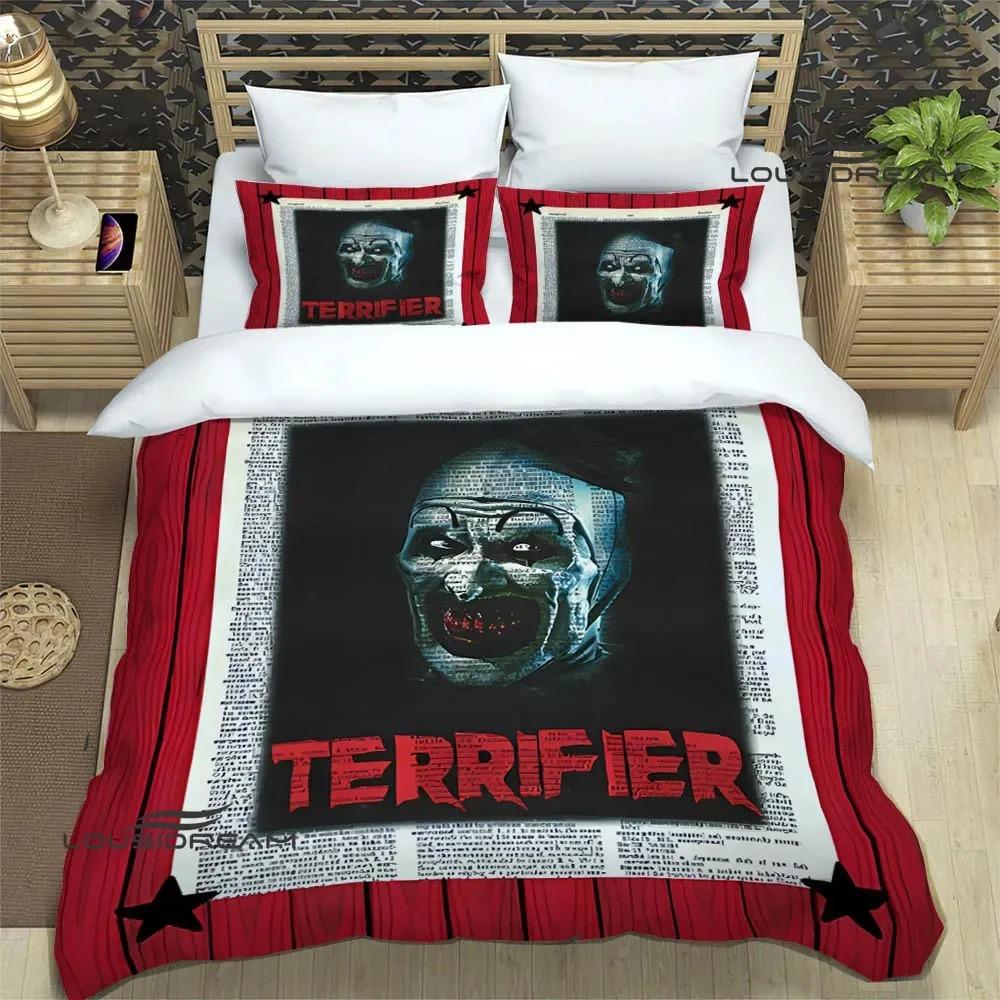 Seturi de lenjerie de pat imprimate cu horror Terrifier, set rafinat de articole pentru pat, husă de plapumă, set de plapumă pentru pat, set de lenjerie de pat de lux, cadou de ziua de naștere