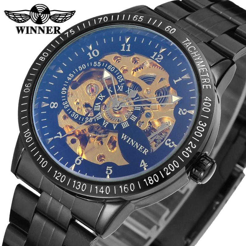 Men S Steel Belt Fashion Watch Winner Mechanical Watch, Blue Glass Hollow Automatic Mechanical Watch
