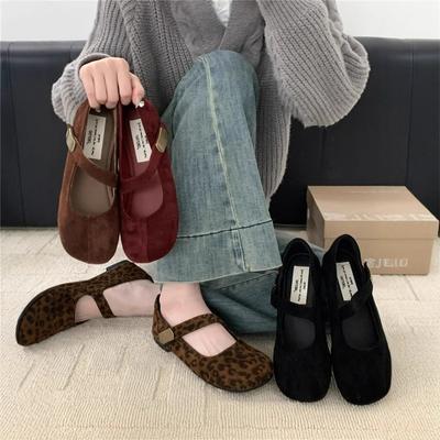 Retro Square Head Leopardenmuster Ballerina Einzelne Schuhe Damen Neu Mary Jane Schuhe Lässig Flacher Boden