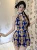 Qipao Pure Desire Retro Print Wrap Buttocks Dress Elegant Slim Appear Thin Hanging Neck Style Hollowing Out Split Dress Hem 5AXN