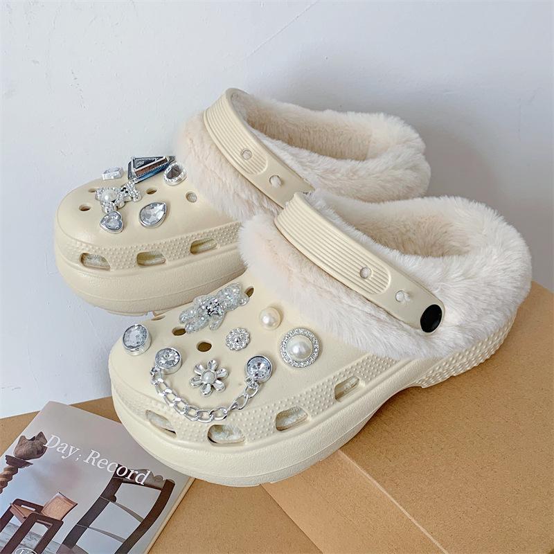 Women's Fleece-Lined Detachable Cotton Slippers - Autumn/Winter Fur Shoes with Hole Design
