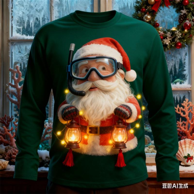 Christmas Men's long sleeved T-shirt Santa Claus pattern print t shirt for man New Year men's round neck T-shirt Men's clothing