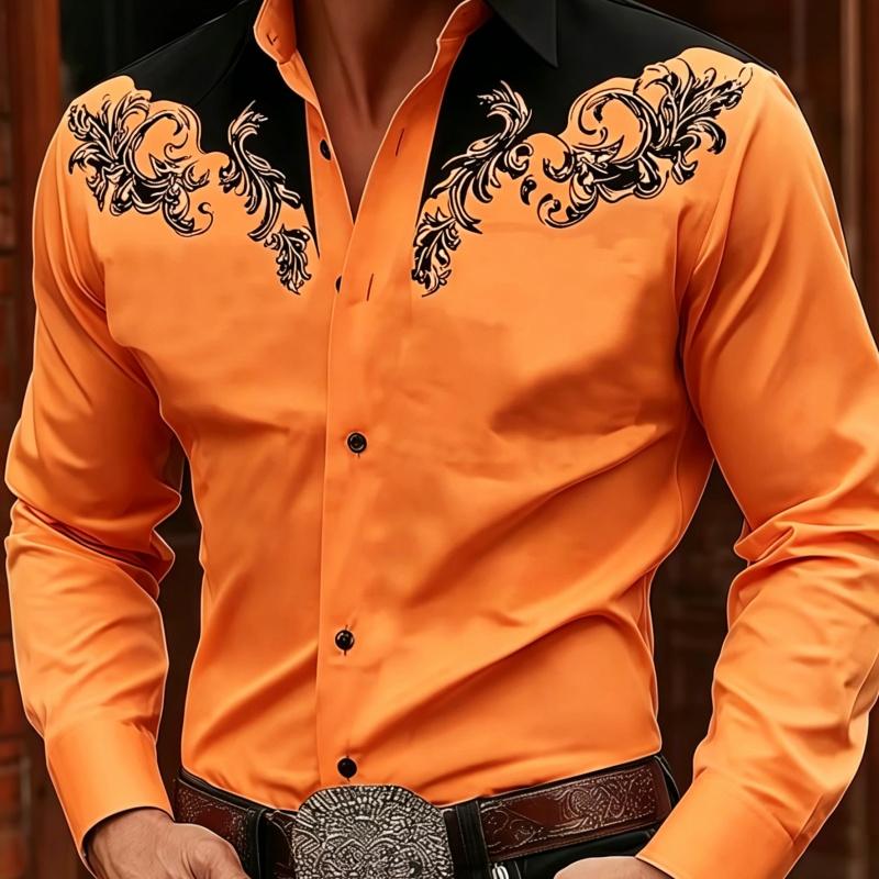 Stylish Men's Baroque Floral Embroidered Western Shirt, Satin Feel Slim Fit Button Up Blouse