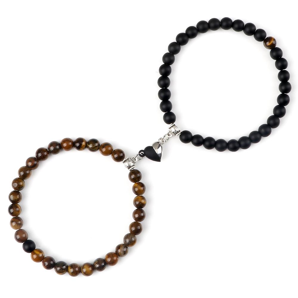 2Pcs/Set Couple Magnet Heart Shape Pendant Bracelets 6MM Malachite Tiger Eye Bangles Love Relationship Pulsera Jewelry Gift New