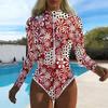 Damen Langarm Einteiler Badeanzug Reißverschluss Vorne Abstrakte Textur Print Rash Guard Surfen Badeanzug