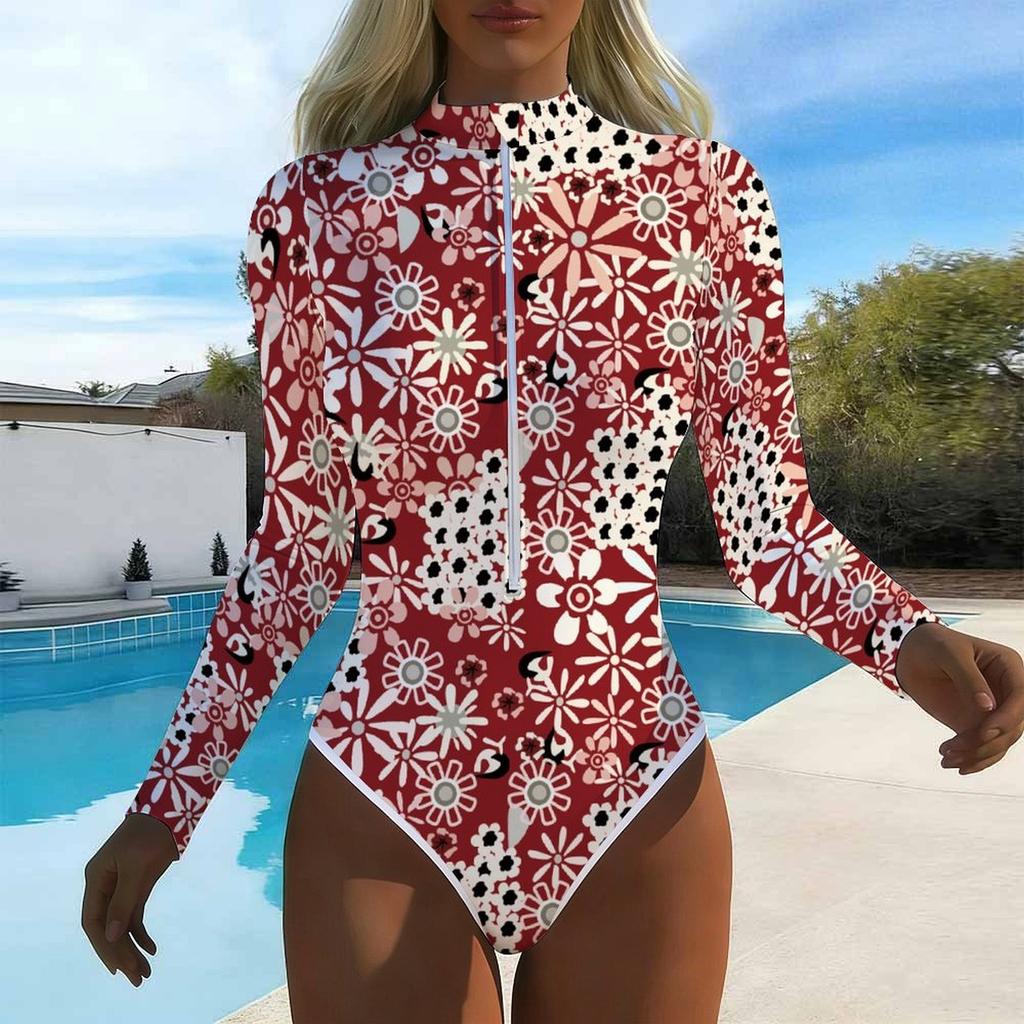 Damen Langarm Einteiler Badeanzug Reißverschluss Vorne Abstrakte Textur Print Rash Guard Surfen Badeanzug