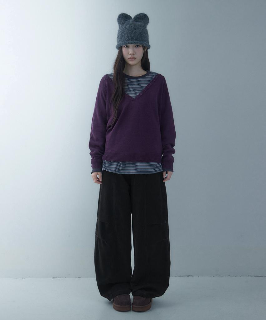 LOOXP Four-Button Logo Rivet Wide Balloon Long Pants Black
