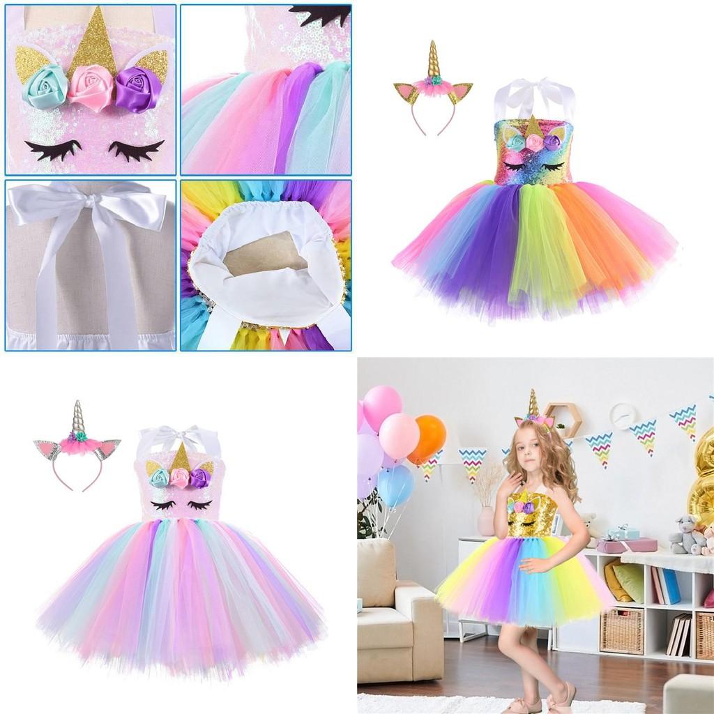 Unicorn Cosplay Girls Dress With Rainbow Pattern For Halloween Party