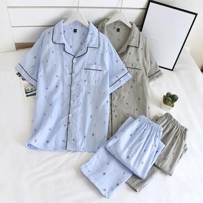 New Men's Pajamas Two-piece Spring and Summer 100% Cotton Gauze Short-sleeved Trousers Thin Casual Home Wear Cover Men Pajamas