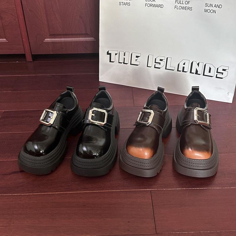 Thick-soled Thick-heeled Small Leather Shoes for Women's 2025 Autumn and Winter New British Style Polished Single Shoes Muffin Bottom Square B