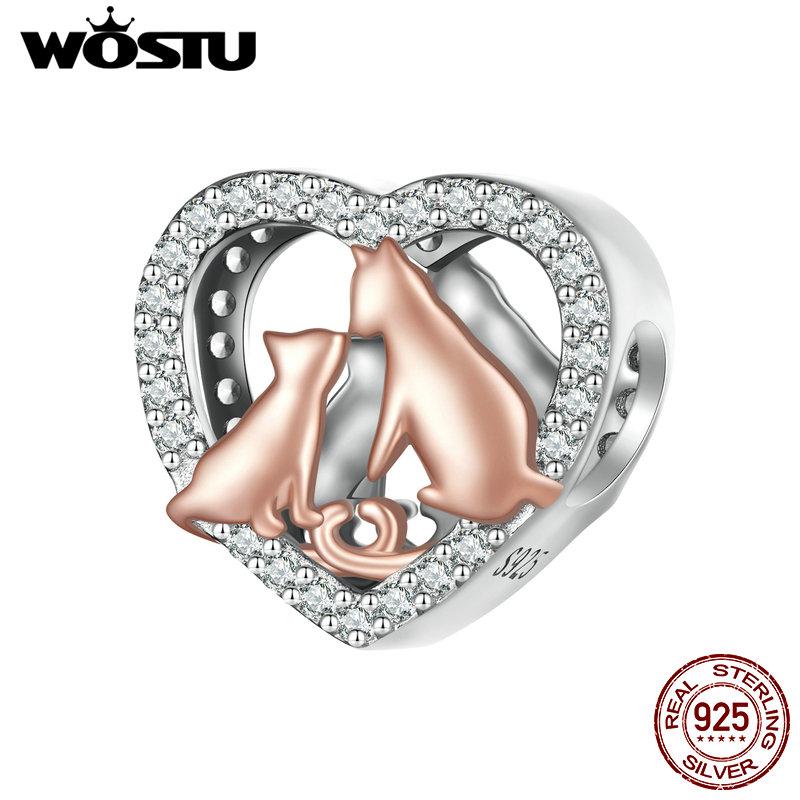 

WOSTU 925 пробы серебро целующийся кот подвеска подвеска подходит оригинальный браслет DIY ювелирные изделия 925 silver