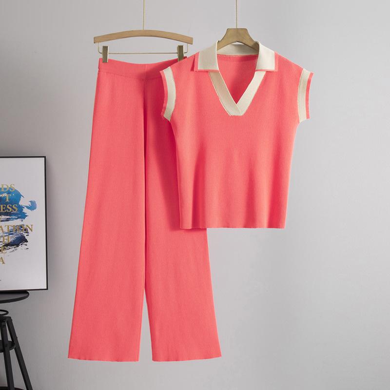 Women's Summer 2026 Polo Collar Knit Top and Pants Set - Loose, Slimming Casual Fashion Two-Piece.