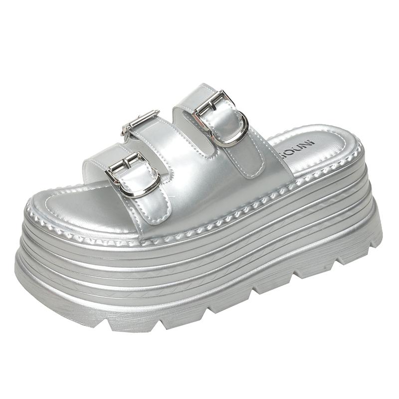 

Мода 8,5 см Микрофибра Синтетическая кожа Балетки Летние Открытый носок Модные Женские Сандалии Шлепанцы Туфли Высокая Платформа Танкетка 38 серебряный