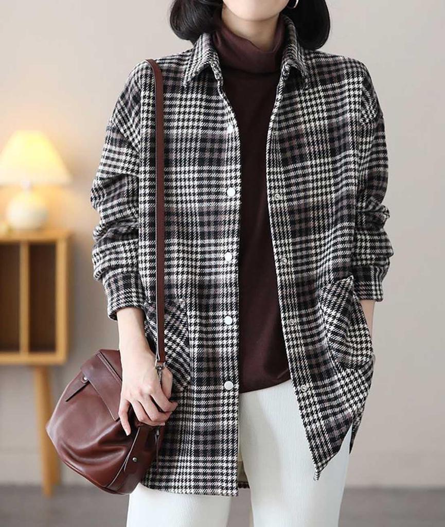 EASTEMPO Langarm Büro Locker Kariert Große Größen Damen Hemd, Herbst, Freizeit, Passform, Muster, (JP, Alphabet, 2XL, Schwarz)