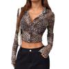 Y2K Leopard Printed Mesh Single-breasted Wooden-ear Rimmed Long-sleeved Short Section Blouses Tops for Women Versatile Closet Essential Fashion Shirt