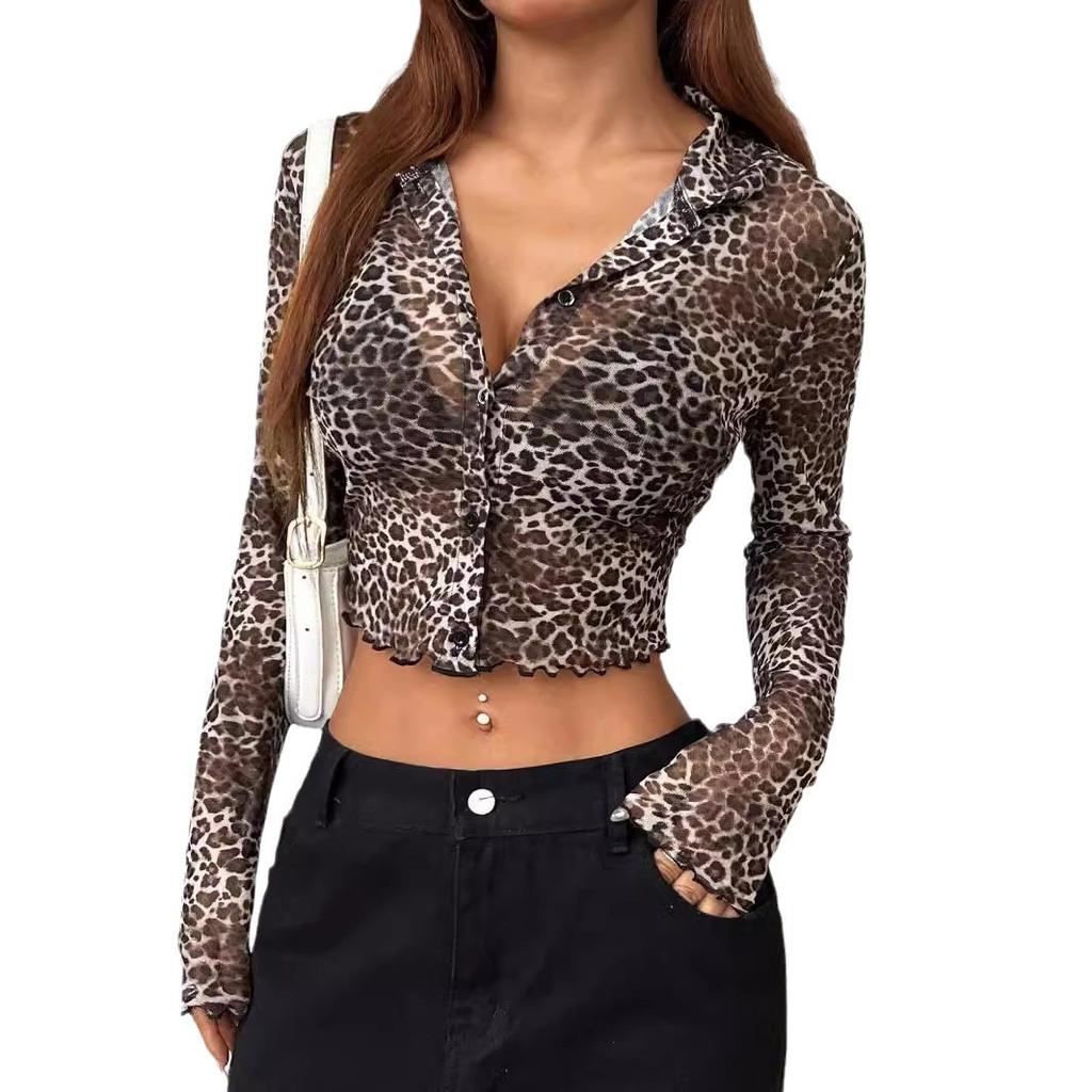 Y2K Leopard Printed Mesh Single-breasted Wooden-ear Rimmed Long-sleeved Short Section Blouses Tops for Women Versatile Closet Essential Fashion Shirt