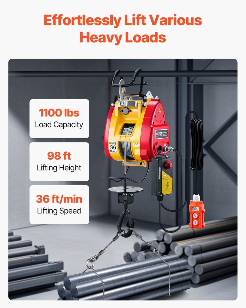 2-in-1 Portable Electric Hoist Winch 1100LBS Wired/Wireless Remote Control