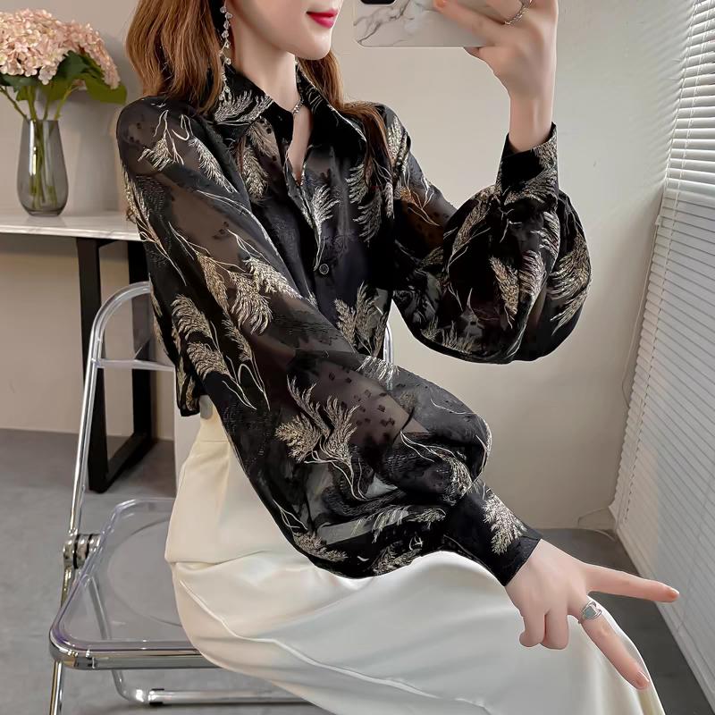 Ladies Temperament Top Tihua Printed Shirt Loose Lantern Sleeve Flower Shirt Niche Design Chiffon Shirt