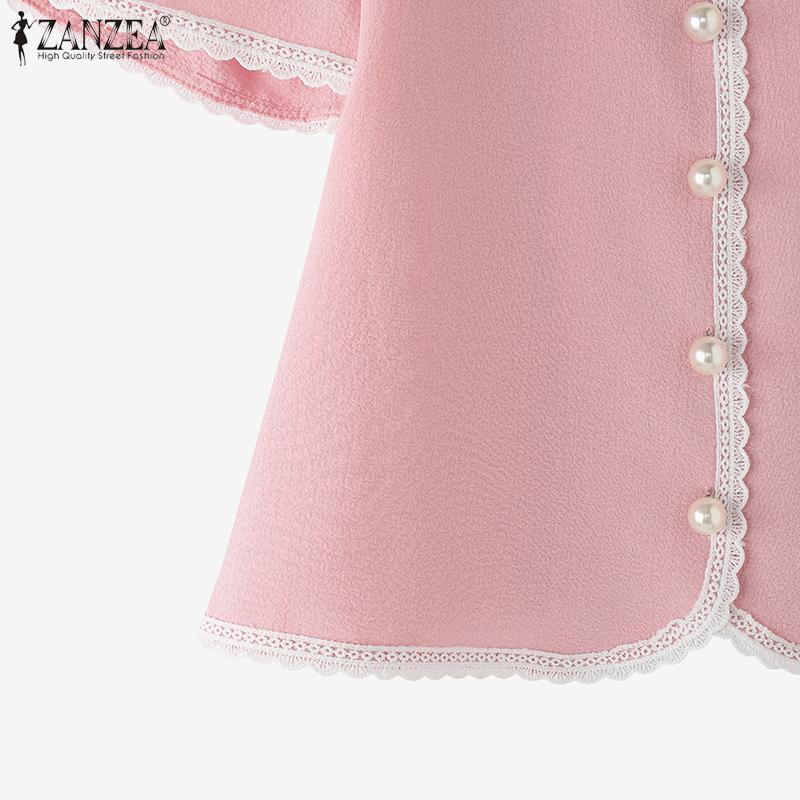 ZANZEA Women Casual Square Neck Summer Short Sleeve Splice Blouse