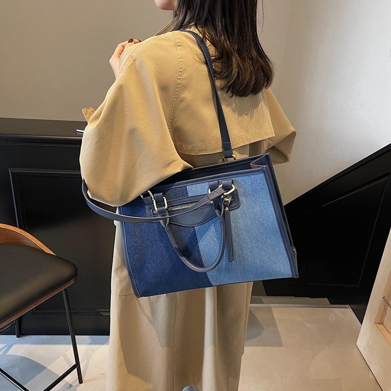 Denim Umhängetasche Damen Color Block Tragetasche Einkaufstasche