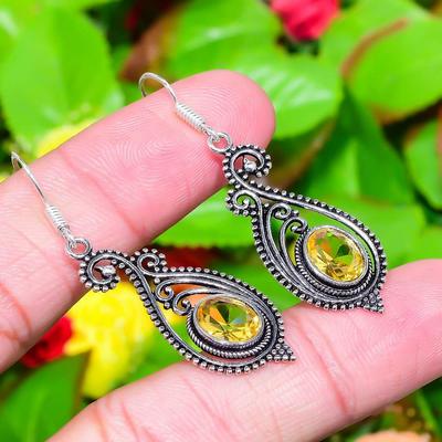 Natural Citrine Gemstone Handmade 925 Sterling Silver Earring 2.01" y6A69