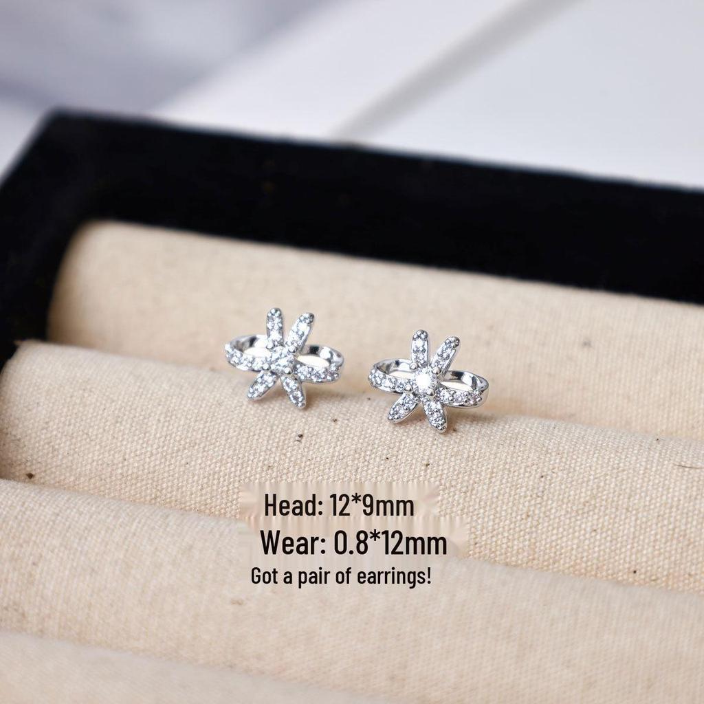 Copper-Plated Gold Bow Earrings with 925 Silver Needle and Flower Diamond Inlay for Women