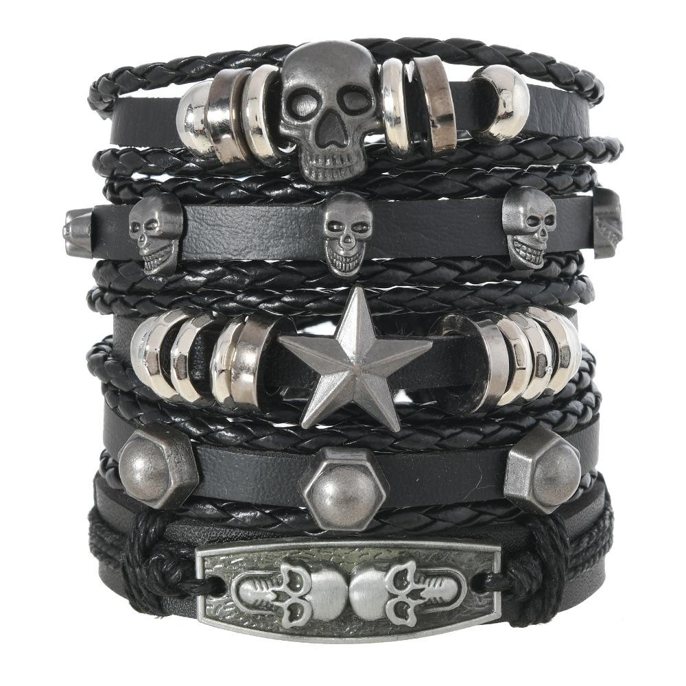 Men's Punk Skull Leather Bracelet Set Multi-Layer Gothic Rock Chain Bracelets Pentagram Charm Hip Hop Streetwear Badge Jewelry Accessories for Him