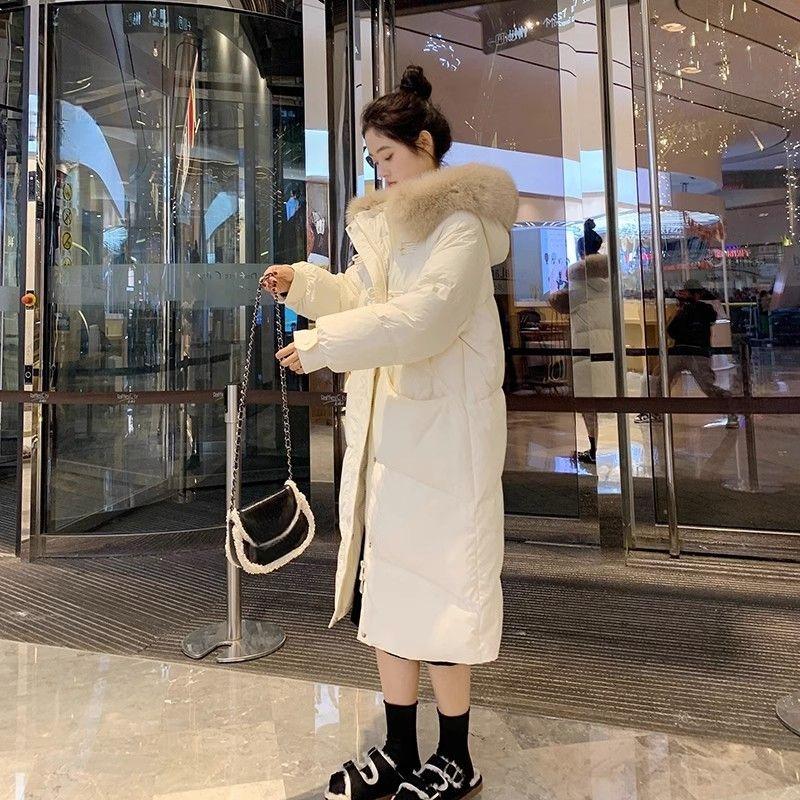 Long Over-the-knee Hooded Down Cotton Coat for Women Winter Big Fur Collar Thick Cotton Coat Trend Parkas Jackets